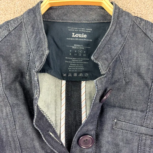 Louie Women 4 Dark Wash Denim Military Jacket Cropped Structured Fitted Moto Y2K - Image 4