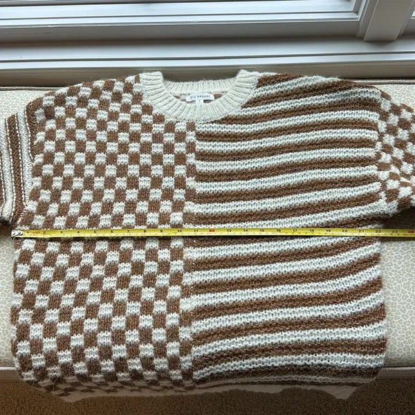 NWOT Blu Pepper Cream & Brown Checkerboard & Striped Sweater Sz S Puffed Sleeve - Image 10