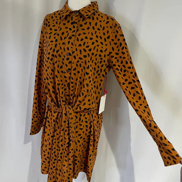 New Tie Front Button Down Shirtdress Animal Print Long Sleeve Mini - Image 11