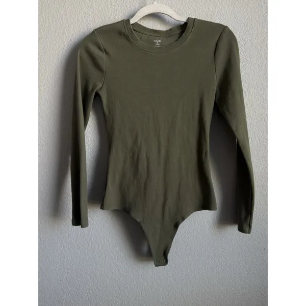 Nuuds Long Sleeve Cotton Jersey Crew Neck Thong Style Bodysuit Dark Olive Size M - Image 3