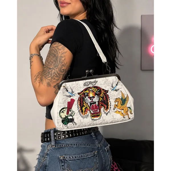 NWT Ed Hardy Tiger Kiss Lock Shoulder Bag Y2K Tattoo‎ Rhinestone Bling Purse - Image 2