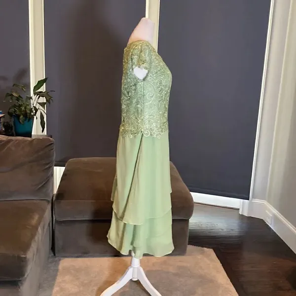 Women’s Green Chiffon & Lace Mid Length Dress with a Zip Up Back Size L NWOT - Image 6