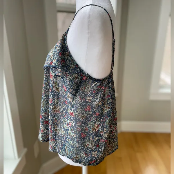 Vintage Y2K About A Girl Y2K Sheer Navy Floral Crop Ruffle Cami Tank Top Medium - Image 2