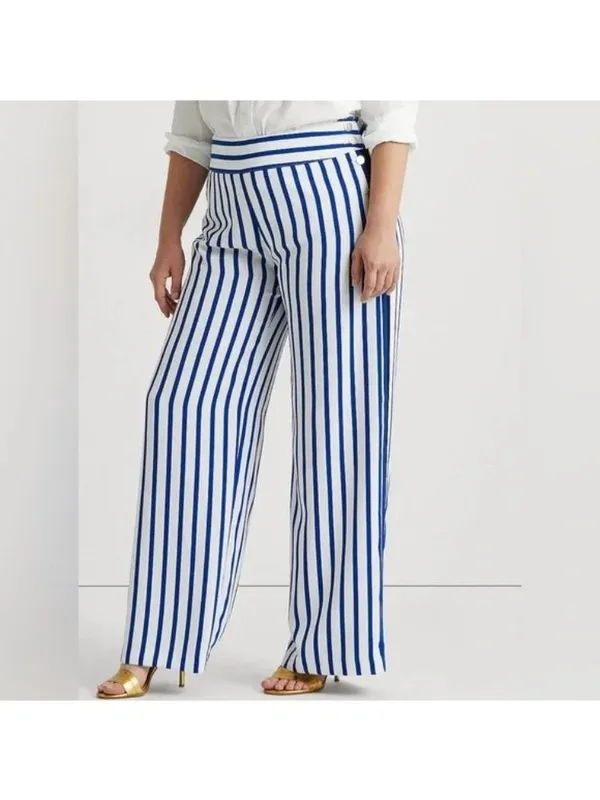 Lauren Ralph Lauren Striped Satin Wide Leg Trousers Nautical Blue White 18W - Image 3