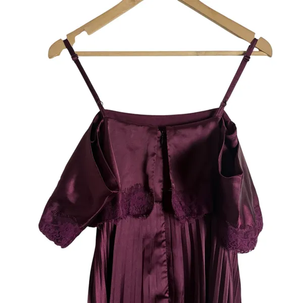 ASOS Plum Burgundy Satin Lace Trim Pleated Cold Shoulder Maxi Dress Size 4 - Image 8