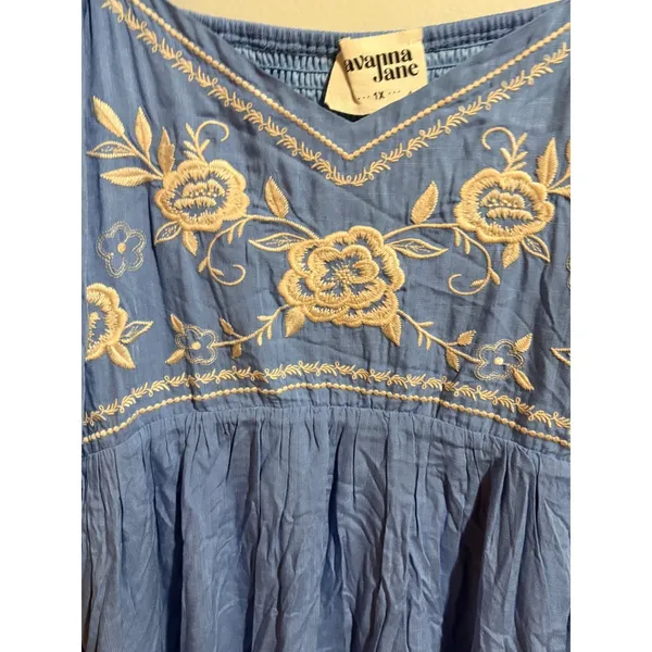 Savanna Jane Babydoll Dress 1X Blue New Floral Embroidered‎ Boho Puff Sleeve - Image 9