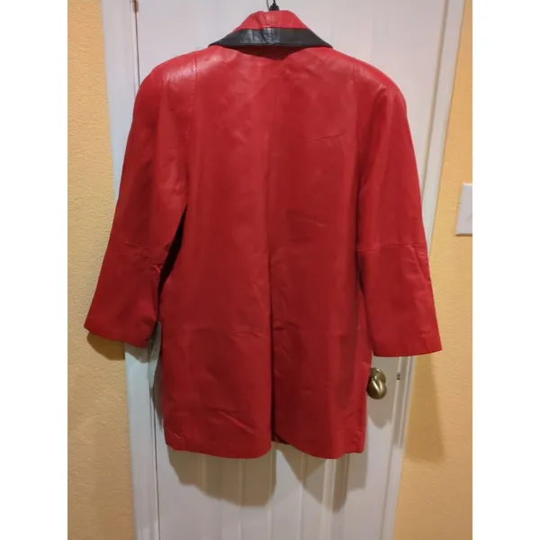 Tibor Womens Leather Coat Jacket Trench 80s Medium Red Long Vintage Korea - Image 9