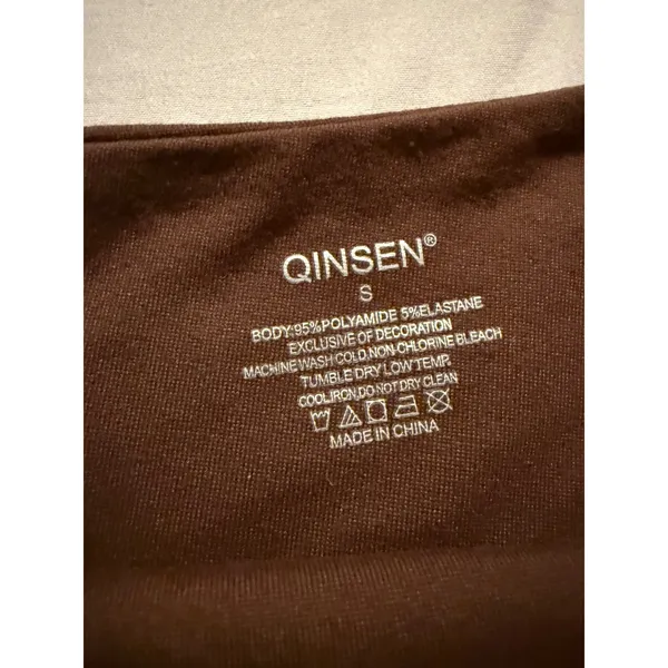 QINSEN Brown Off The Shoulder Long Sleeve Top Stretchy Bodycon Small - Image 8