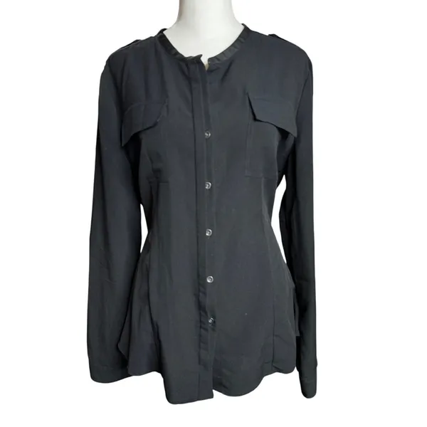 Calvin Klein Black Crepe Button Down Blouse Medium Relaxed Fit Office Minimalist - Image 2