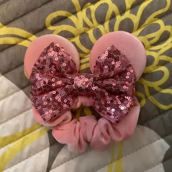 Disney NWOT Set Pink Minnie Mouse Velvet Hair Scrunchie Ears and Sparkly Sequin Bow - Image 2