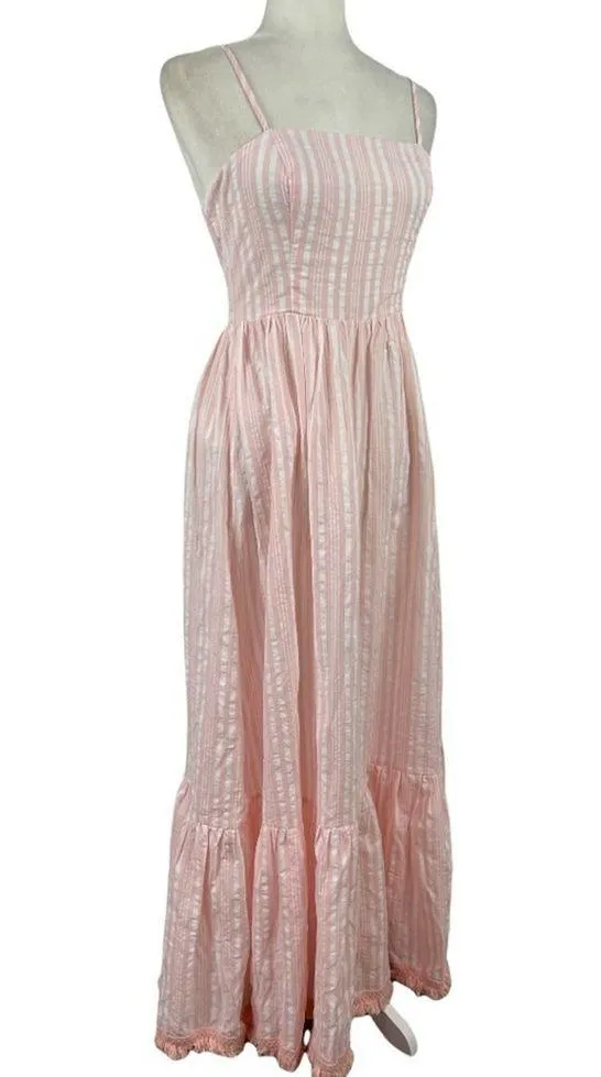 Aqua Pink Striped Maxi Sleeveless Spaghetti Straps Long Dress 100% Cotton Small - Image 4