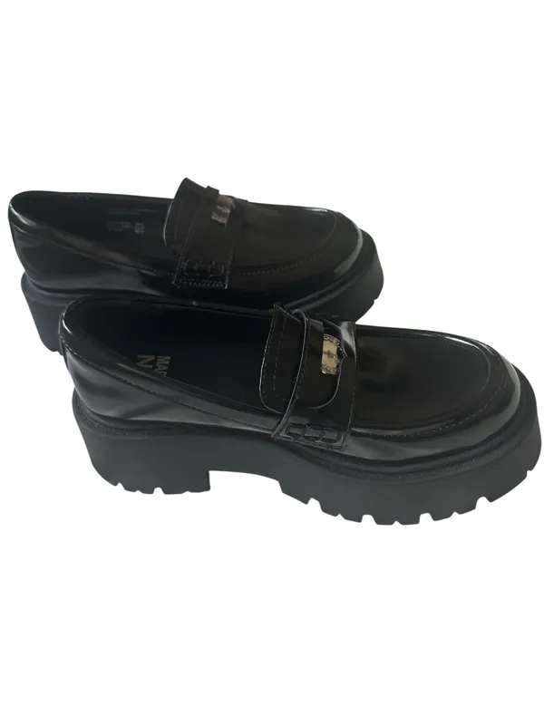 Madden NYC Platform Lug Sole Penny Loafers in shiny black patent finish. - Image 5