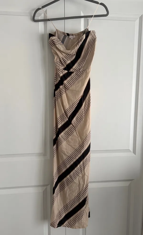 Olivaceous Beige and Black Striped Strapless Maxi Dress - Image 2