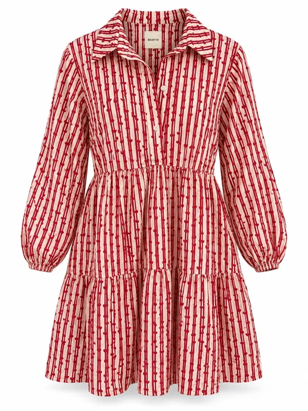 Maeve Anthropologie Red White Printed Tiered Shirt Dress Size Medium - Image 2