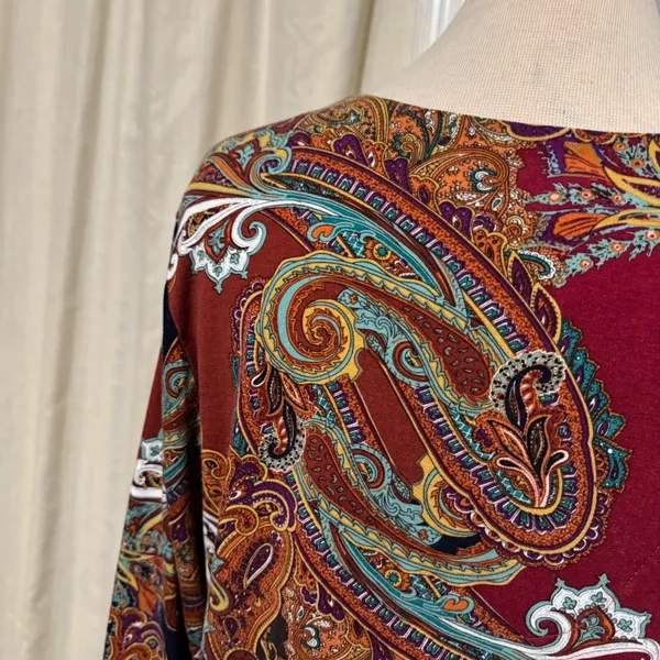 Chicos Paisley V-Neck Blouse Size 2 Large Rust Navy‎ 3/4 Sleeve Button Trim Top - Image 8