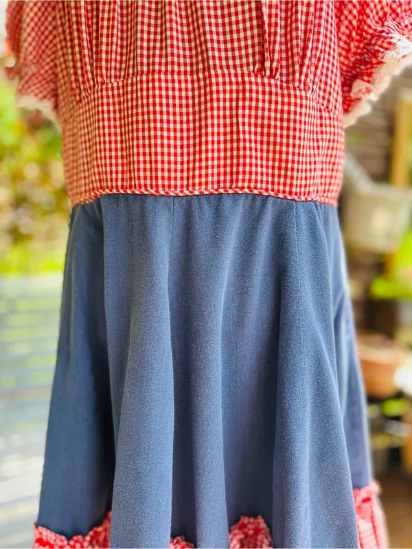 Handmade VINTAGE SQUARE DANCE PRAIRIE DRESS RED GINGHAM CHECKERED w DENIM Size 12/14 - Image 4