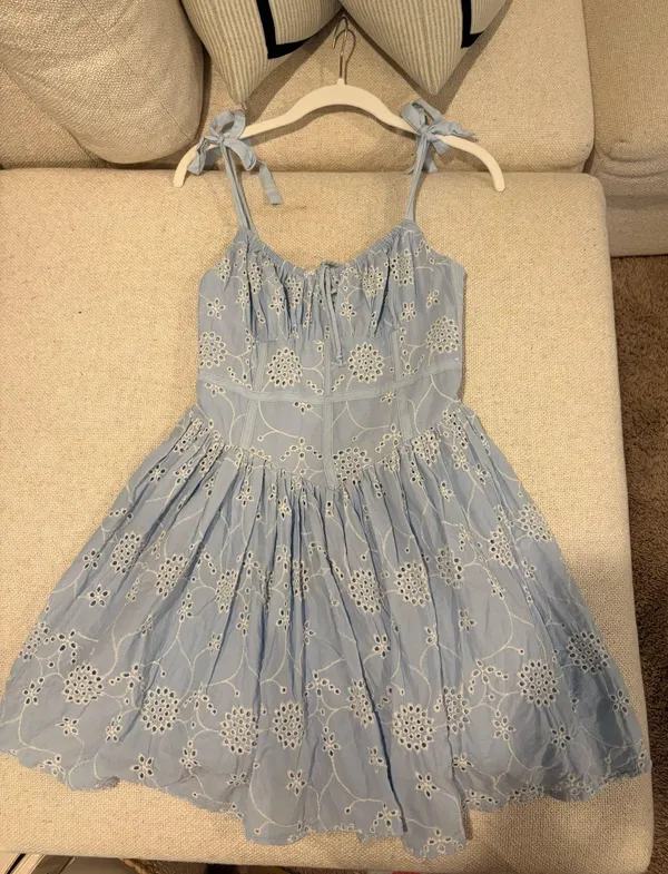 Olivaceous Eyelet Mini Blue and White Dress - Image 3