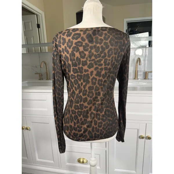H&M Leopard Print Top Womens Medium Brown Long Sleeve Boat Neck Stretch Fitted - Image 4