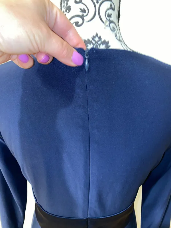 American Living Gabrielle Navy Blue Longsleeve Ruffle Satin Sheath Dress Size 6 - Image 9