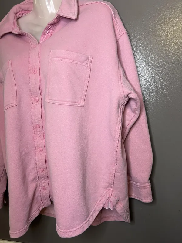 Aerie Shirt Womens XS Pink Terry Button Up Collared Long Sleeve Pocket Top - Image 5