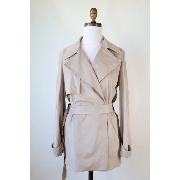 ZARA Beige Trench Coat Belted Suede Feel Classic Jacket Preppy Minimalist Small - Image 2