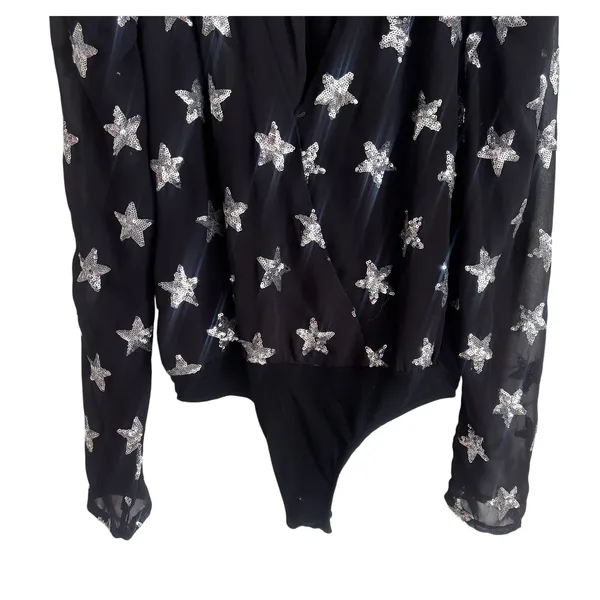 Buddy Love Black Silver Sequin Star Long Sleeve Wrap Bodysuit Womens Medium - Image 4