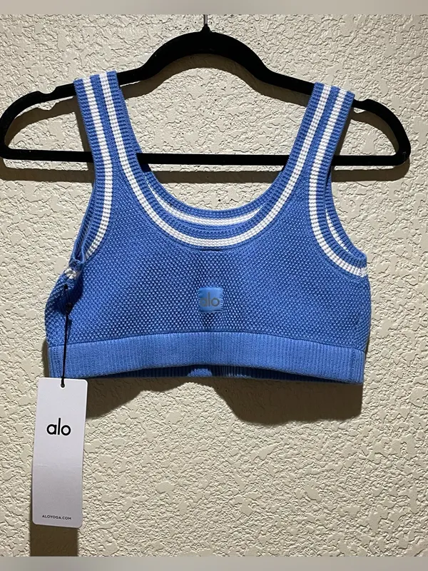 ALO Yoga NWT Tennis Club Sweater Knit Bra Crystal Clear Blue White Size M - Image 6