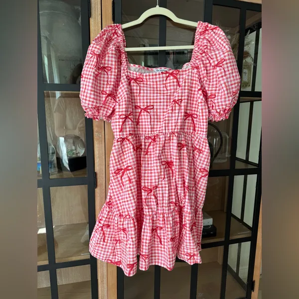Miss Selfridge bows babydoll dress poplin tiered mini smock gingham coquette - Image 6