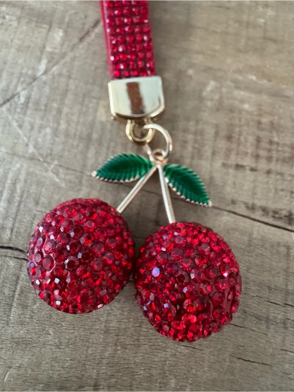 Cherry Rhinestone Bag Charm / Keychain Sparkly Red Fruit Gold Tone NWOT - Image 3
