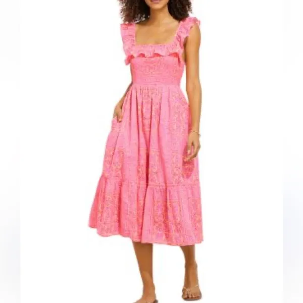 Vineyard vines Neon Tortola smocked midi dress pink orange‎ sz S - Image 2
