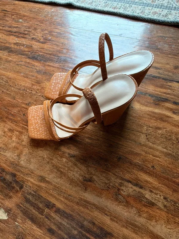 Tan Faux Snakeskin Square Toe Block Heel Sandals Size 36 - Image 2