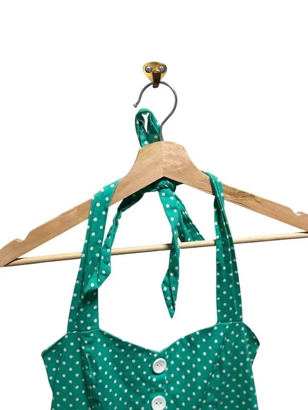 Boutique Polka Dot Halter Pin Up Dress Green Size M Retro 50’s Dress Up Kitch - Image 8