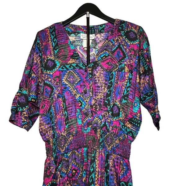 VTG En Focus Geometric Jumpsuit Purple L Rayon Southwestern Boho 90s USA Made - Image 10