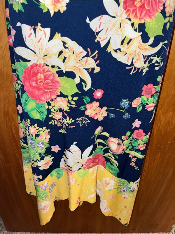 Rafaella Boho Floral Navy Blue, Yellow, Pink, Cream, & Green Midi Skirt - Size - Image 3