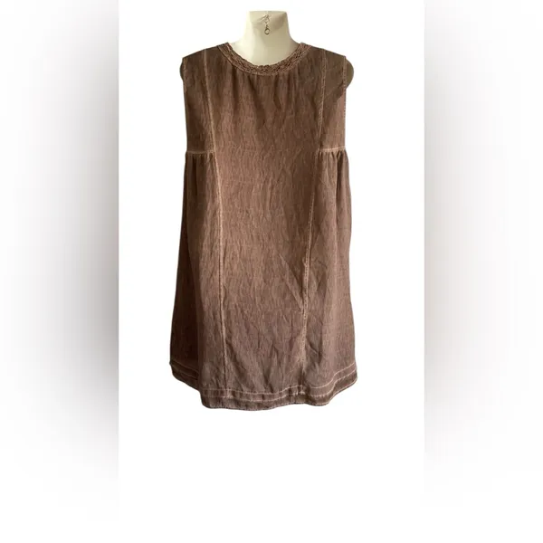 Pretty Angel Linen Blend Lace Trim V-Neck Peplum Top Sleeveless Brown Sz.S - Image 2