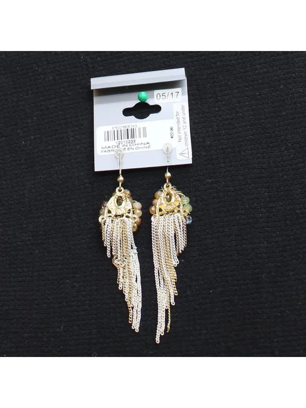 NWT Express Link Floral Bead Tassel Dangle Earrings Gold / White / Blue Multi 3" - Image 2