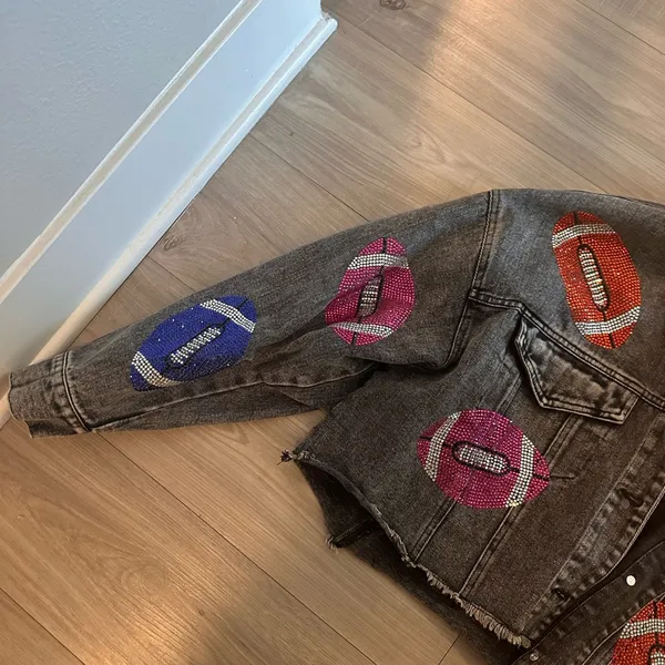 Denim rhinestone football jacket - Image 3