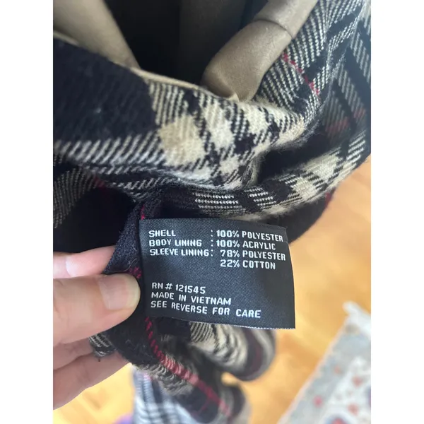 London Fog Tan Khaki Button Front Black Plaid Lined Trench Coat - Image 7