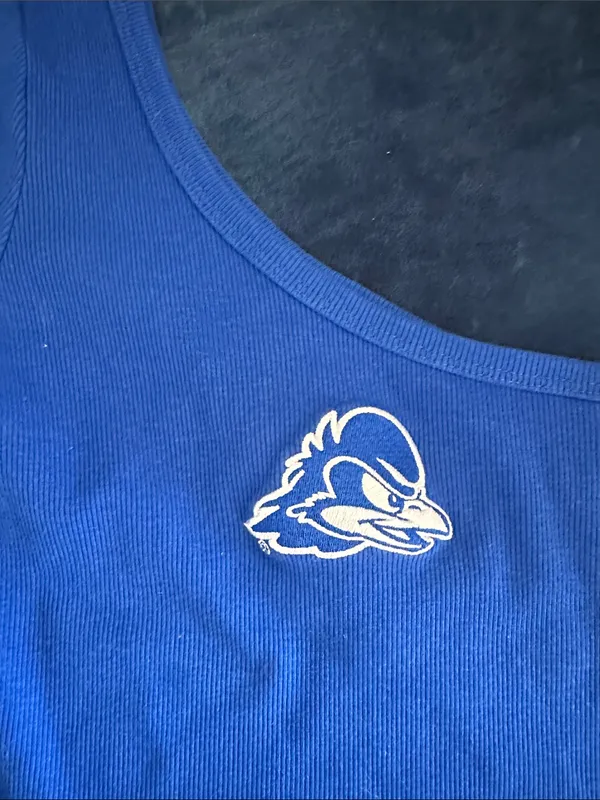 University of Delaware Blue One-Shoulder Ribbed Crop Top - Image 2