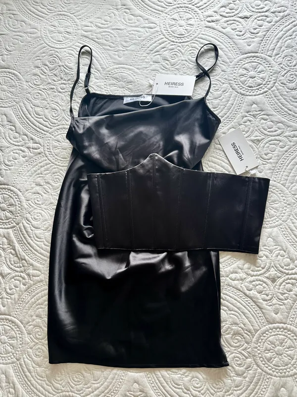 Heiress Beverly Hills Black Corset Satin Slip Dress in Black - Image 4