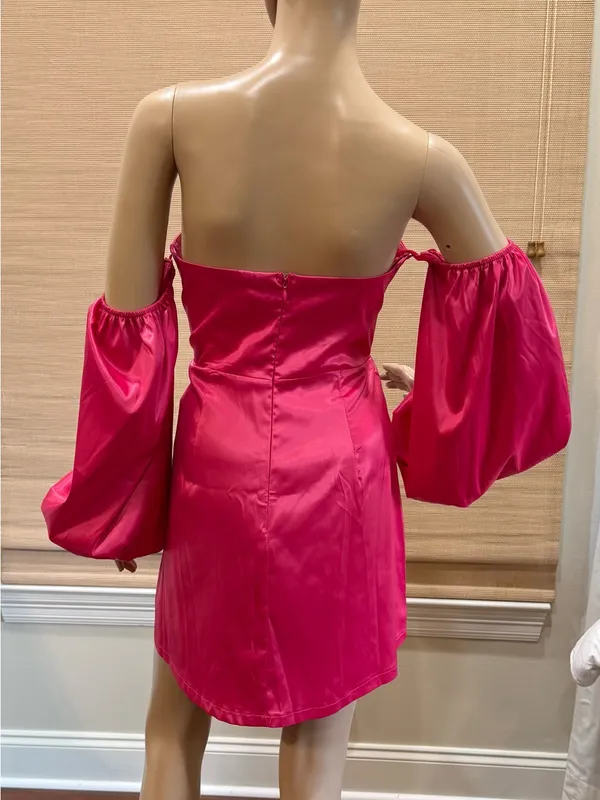 Lily pink satin off shoulder sweetheart bow mini dress. - Image 3