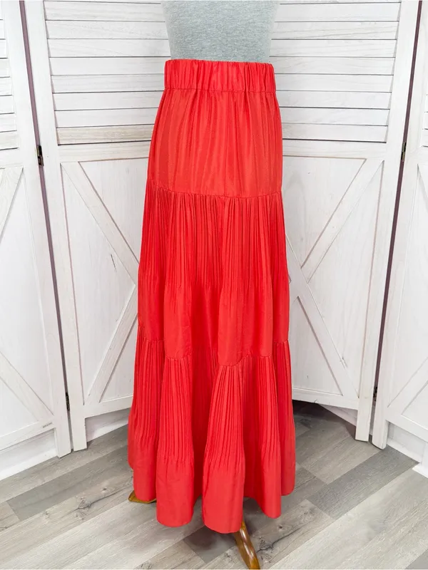 Outback Red Tiered Pleated Maxi Skirt Coral Orange Red XS Flowy Boho Tomato Girl - Image 3