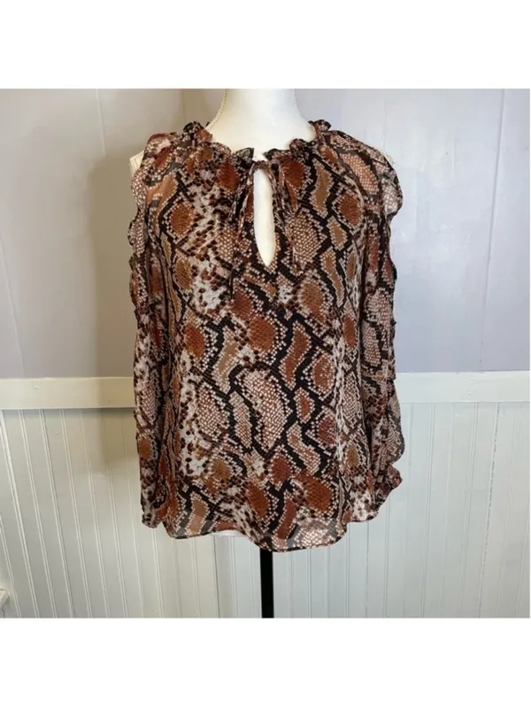 Snake Print Cold Shoulder Ruffle Blouse XS Tie Neck - Image 2
