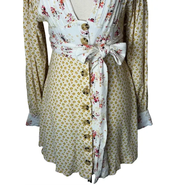 Free People‎ Wonderland Floral Mini Dress Women XS Yellow Boho Sash Cottagecore - Image 6