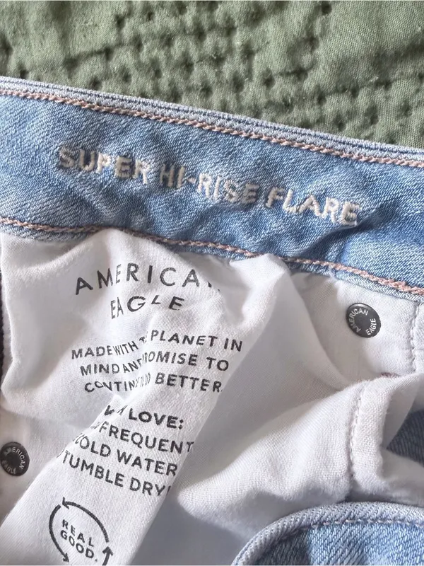 American Eagle Super Hi-Rise Flare Jeans Distressed Patchwork Size 10 Regular - Image 7