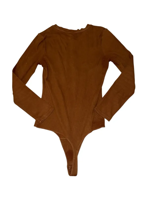 nuuds Long Sleeve Ribbed Crewneck Bodysuit L Brown Cotton Thong Snap - Image 2