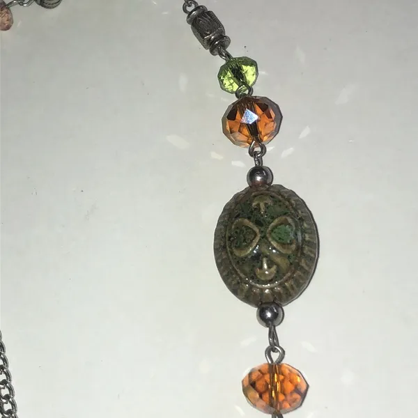 Beaded Green Ceramic and Orange Boho Chic Necklace - Image 5