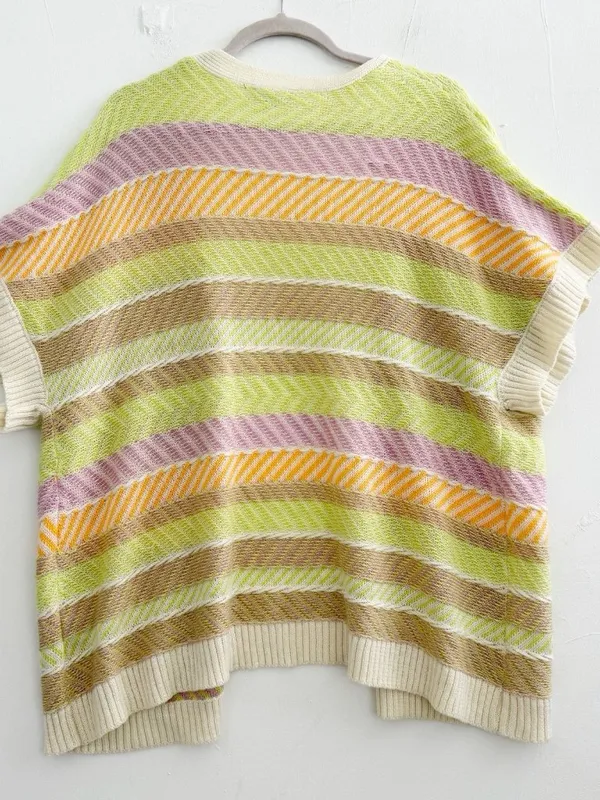 NEW Very J Open Front Cardigan Sweater SMALL Short Sleeve Striped Pastel Beige - Image 11