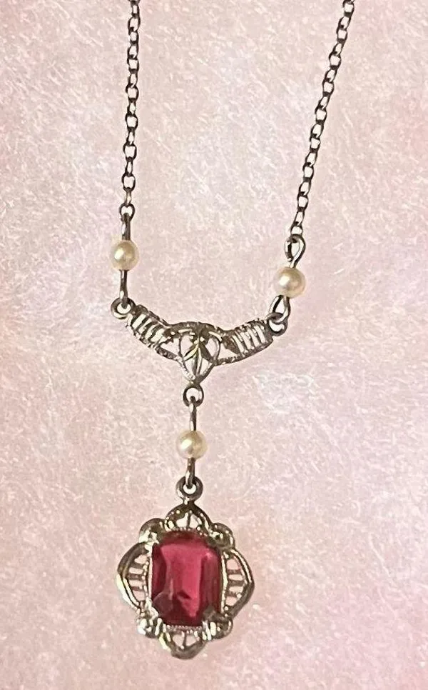 10K Gold 13” Red Stone/Pearl Drop Necklace - Image 7