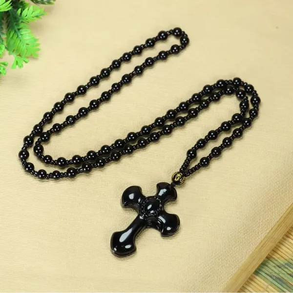 1pc Classic Religious Style Christian Cross Fashion Obsidian Pendant Necklace‎ - Image 15